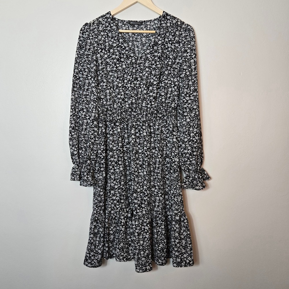 PRETTYGARDEN Womens Black White Ditsy Floral Smocked Waist‎ V-Neck Mini Dress S